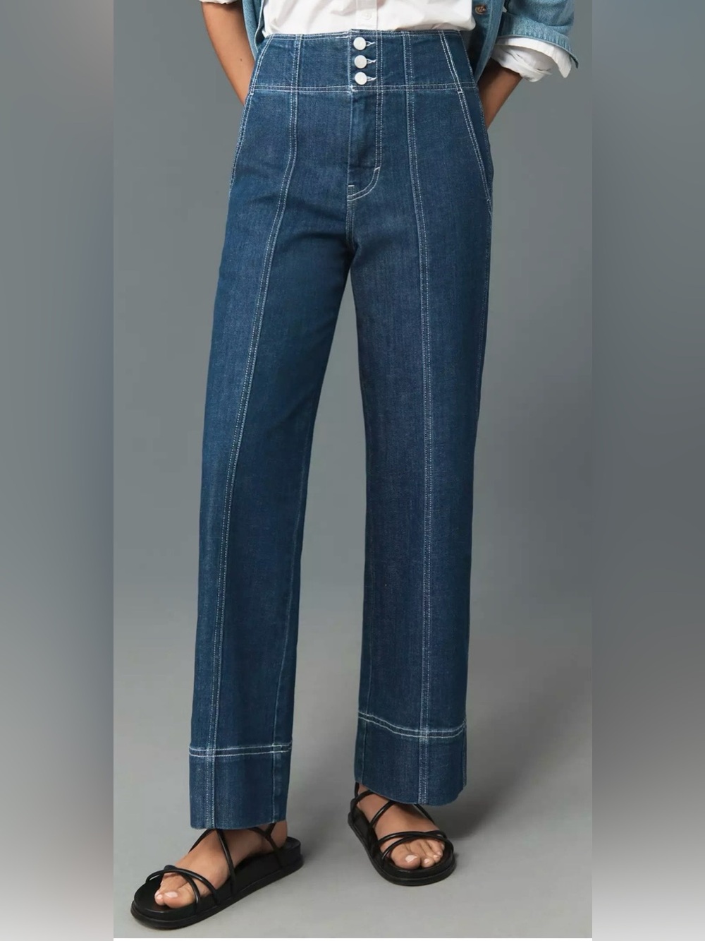 Anthropologie Pilcro Seamed High Rise Flare Jeans Straight Wide Leg Sz 26Tallx33